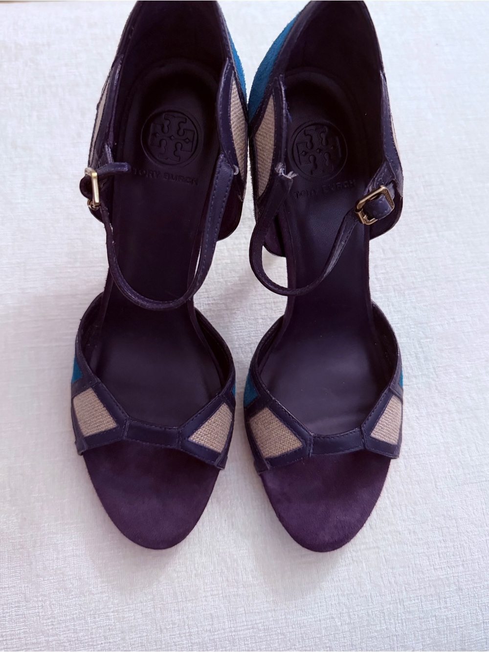 Tory Burch Suede Ankle-Strap Heels with Teal Accents, 10.5